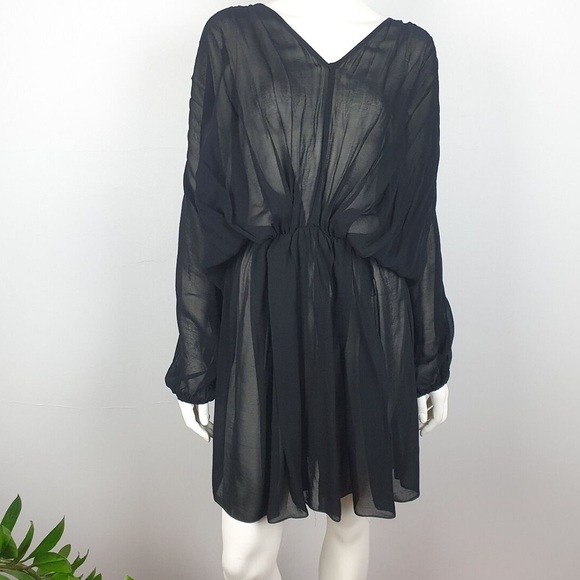 Zimmerman Size 1 (US 6) Black Sheer Short Dress Pleated V Neck Long Sleeves - Picture 1 of 7